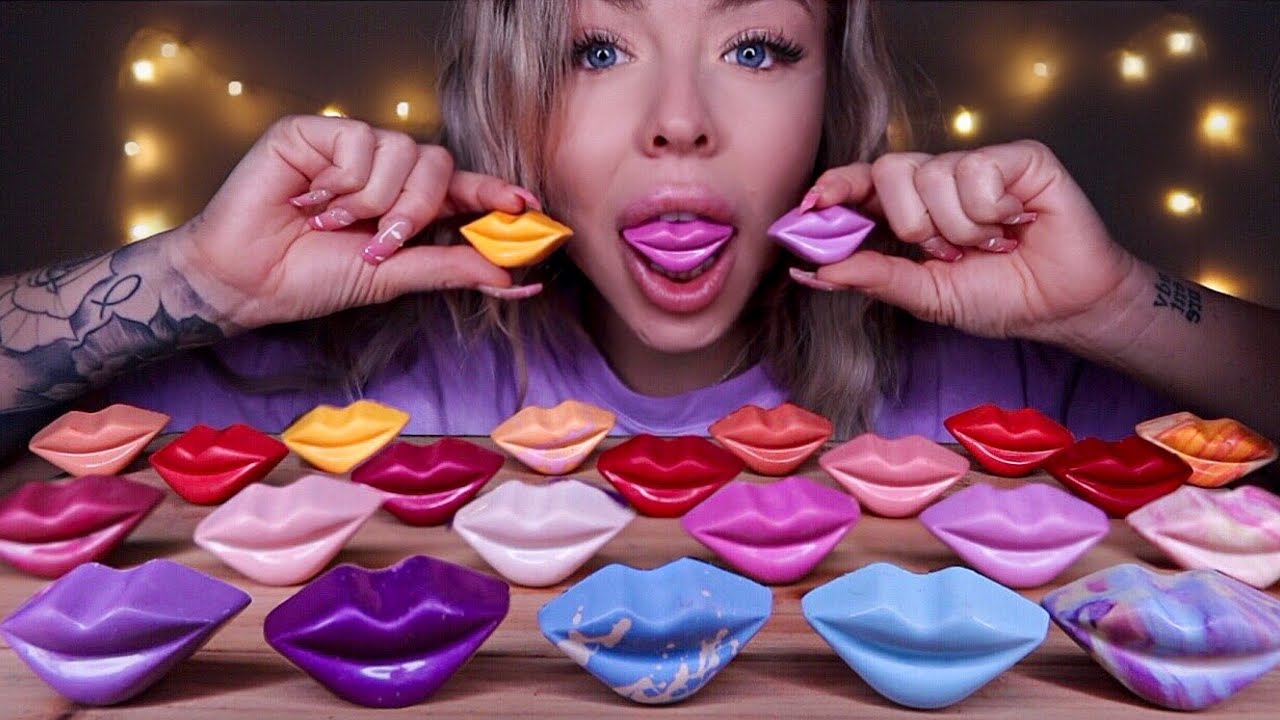 ASMR EDIBLE LIPS *STRAWBERRY, PEANUT BUTTER, SALTED CARAMEL FILLED* CHOCOLATE KISSES MUKBANG 먹방