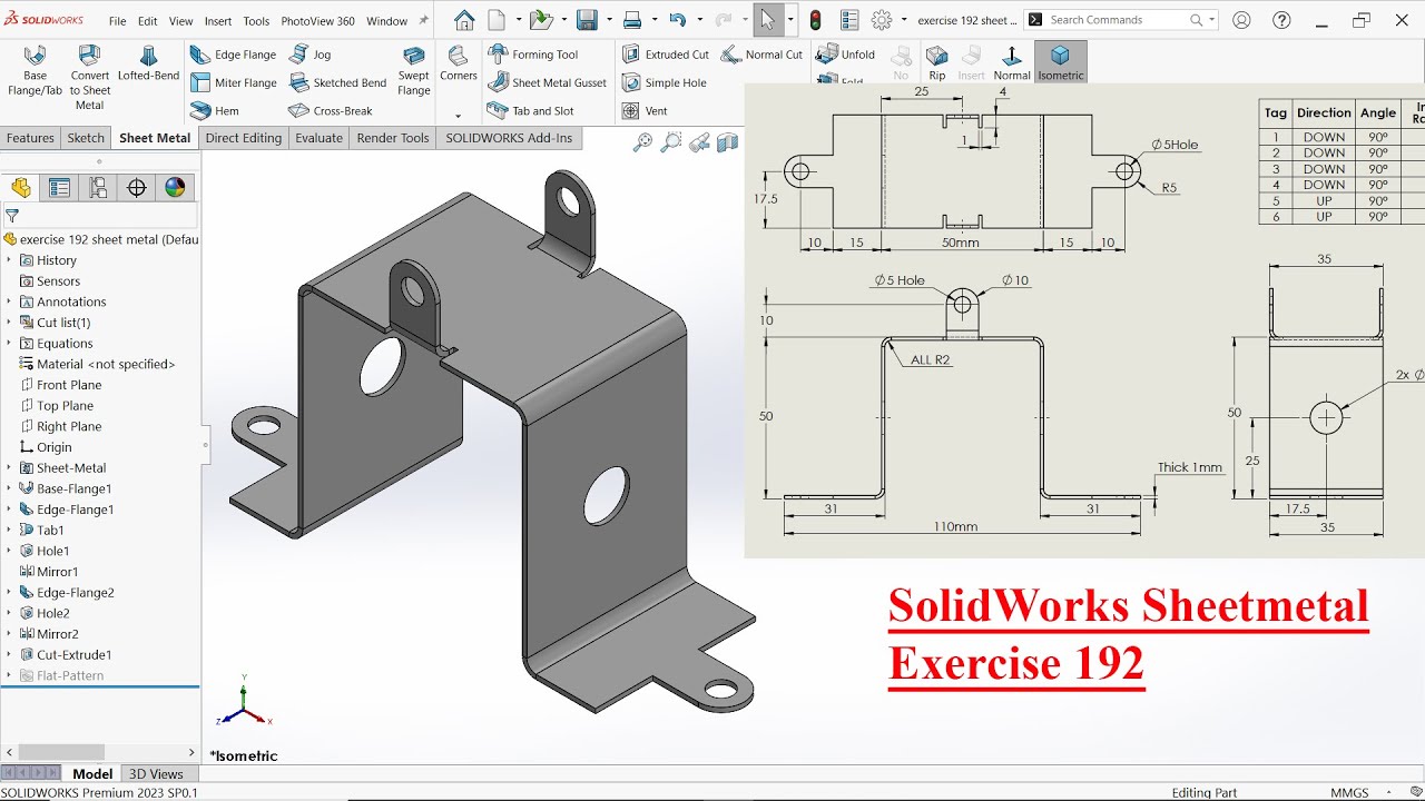 Упражнение 192 по листовому металлу SolidWorks. Базовый фланец/упор и кромочный фланец