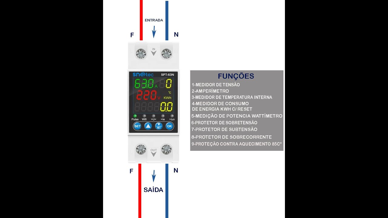 Relé protetor de tensão e corrente snetec SPT-63N com medidor de consumo elétrico kwh e wattimetro.