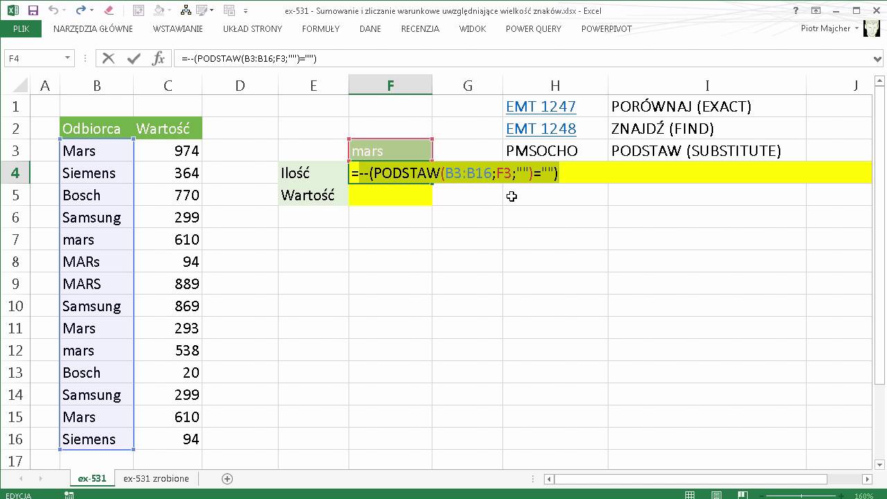 excel-531 - Sumowanie i zliczanie warunkowe uwzględniające wielkość znak&oacute;w