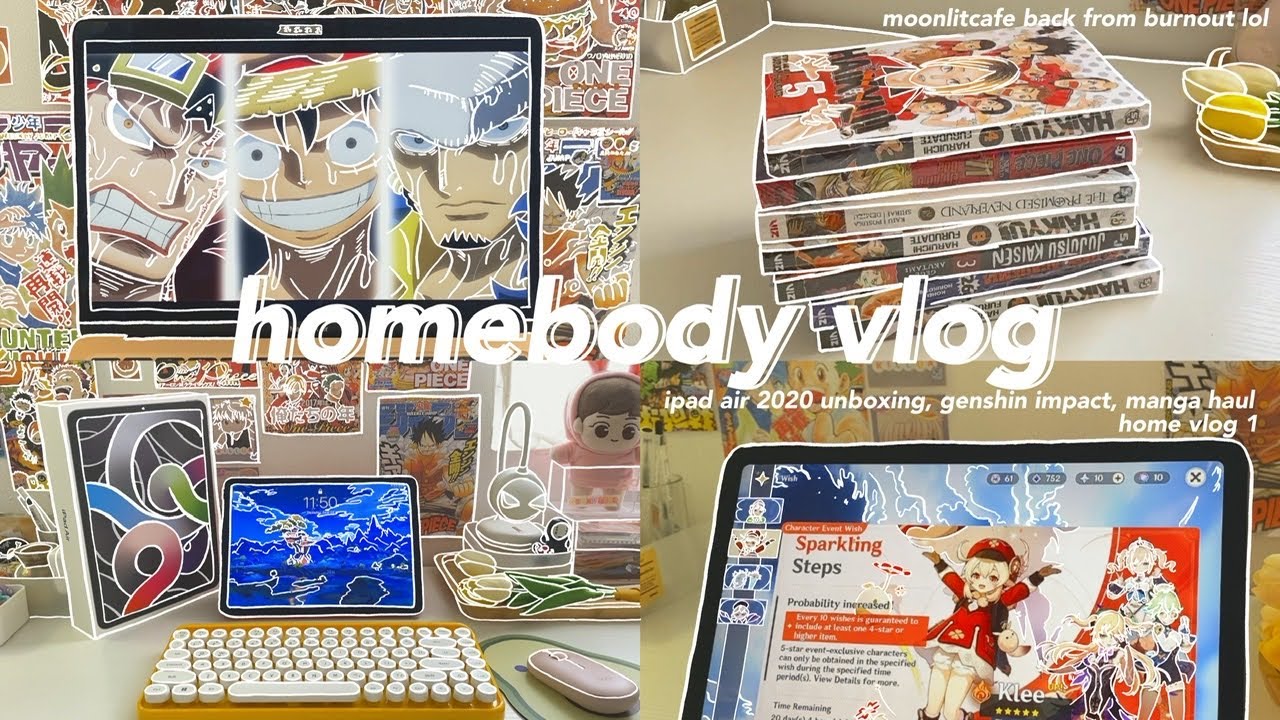 homebody vlog 🍨 ー ipad air 4 2020 unboxing, huge manga haul, klee banner rerun, one piece anime 🍋
