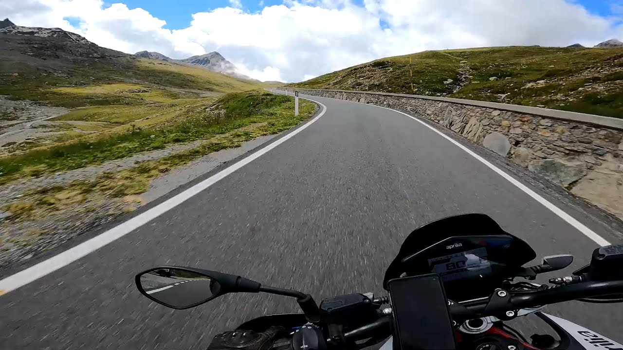Riding the Gavia mountain pass on an Aprilia Dorsoduro 900