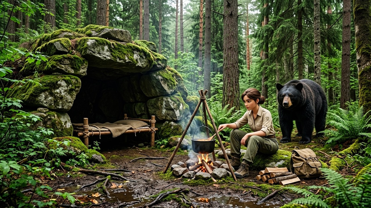 Alone in the Forest&hellip; Hunted by a Black Bear | ASMR Jungle Survival Shelter