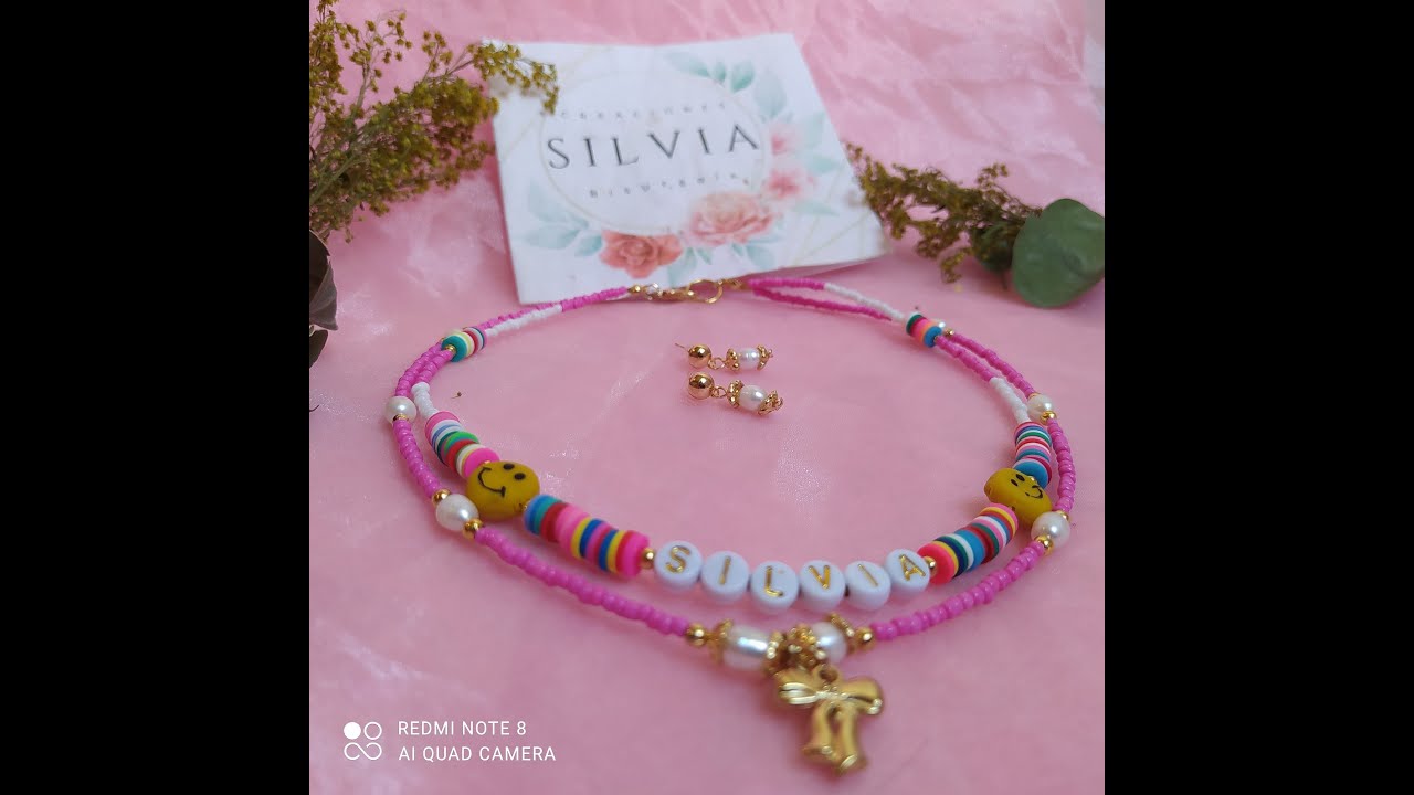 COMO HACER UN COLLAR DOBLE CON PUCA  Y Arroz de Rio, chaquira, letras,ycaritas feliz curso # 32