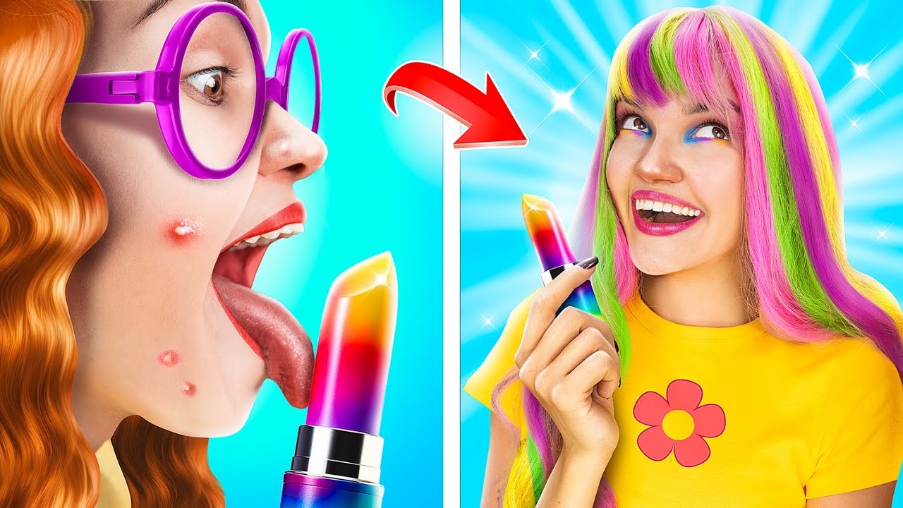 Extreme Rainbow Nerd MakeOver Hacks, um Beliebt zu Werden / Sch&ouml;nheitstransformation mit Gadgets