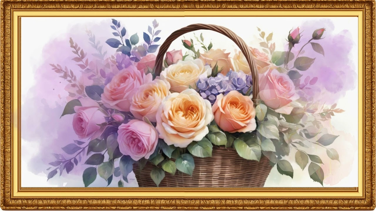 Vintage Pastel Rose Basket Bliss  | 4K Floral Art Screensaver for Samsung Frame TV & Ambient Display