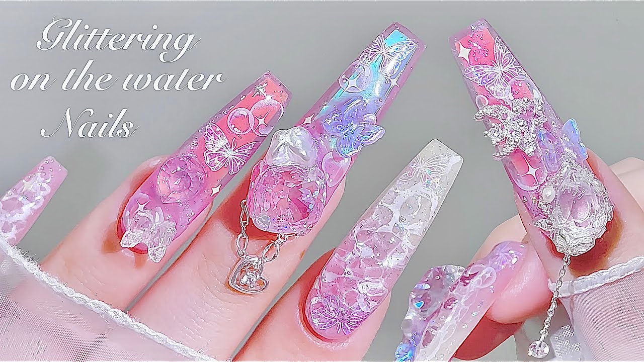 sub) Сверкающие волнистые ногти! 🌊🦋💗/🇰🇷Корейский маникюр / 3D-волны / Дизайн ногтей / ASMR