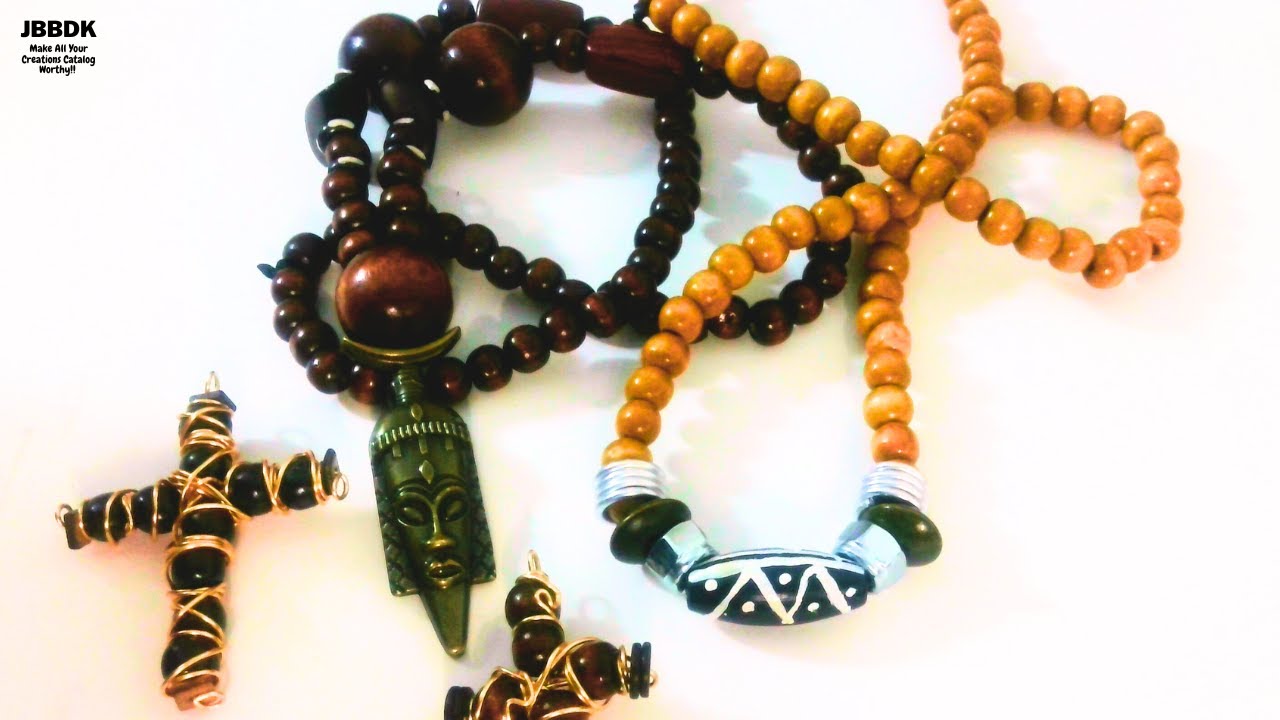MEN'S Beaded Wood Necklaces w/BONE Beads & Metal Mask
