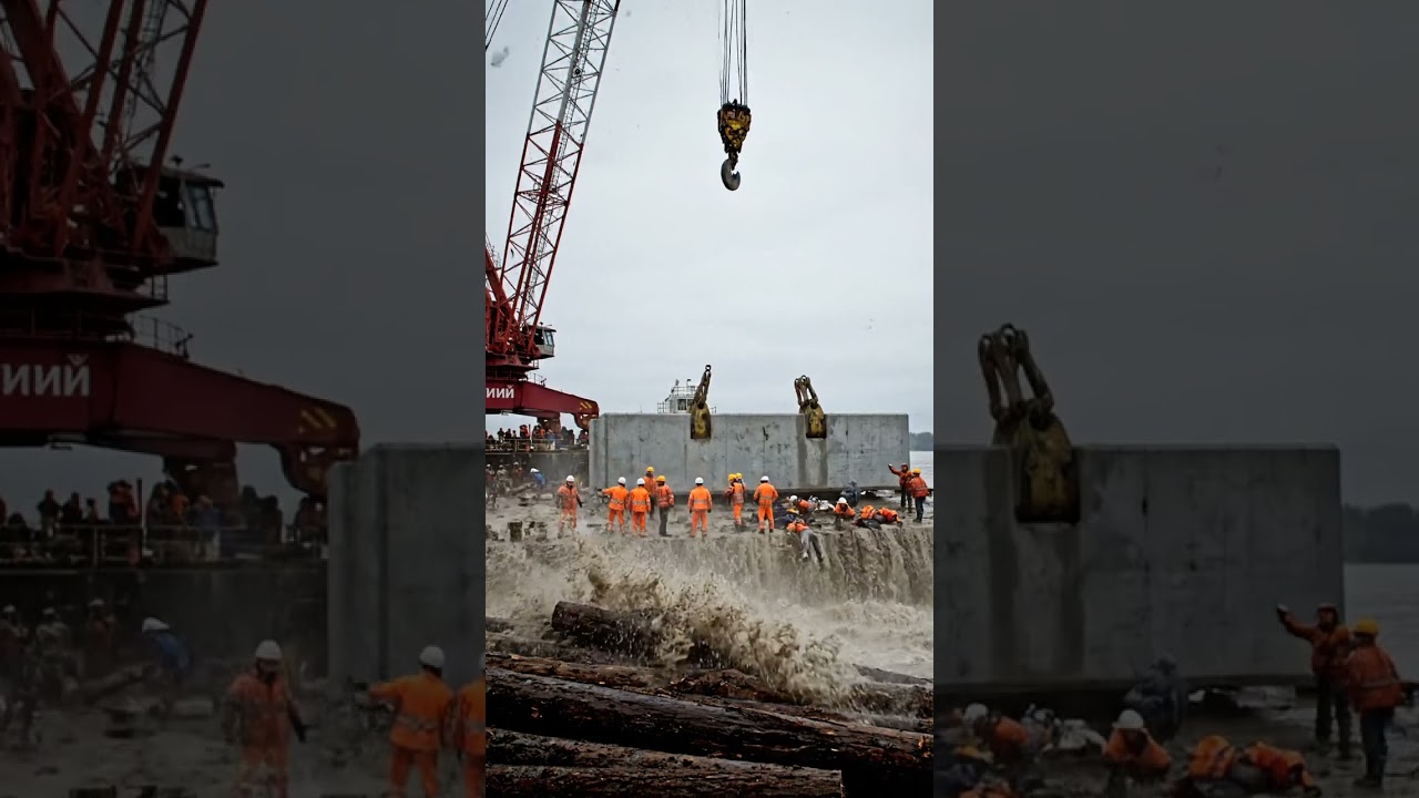 😱Crane Malfunction Mid-River During Bridge Construction 😱🏗️#aishorts  #aivideo #bridge#crane #crash