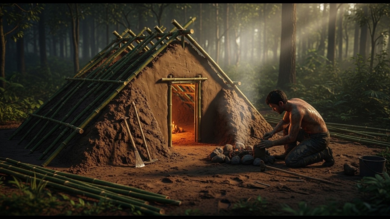 Turning Wild Clay, Bamboo, and Fire Into a Deserted Forest Survival Hut From Nothing