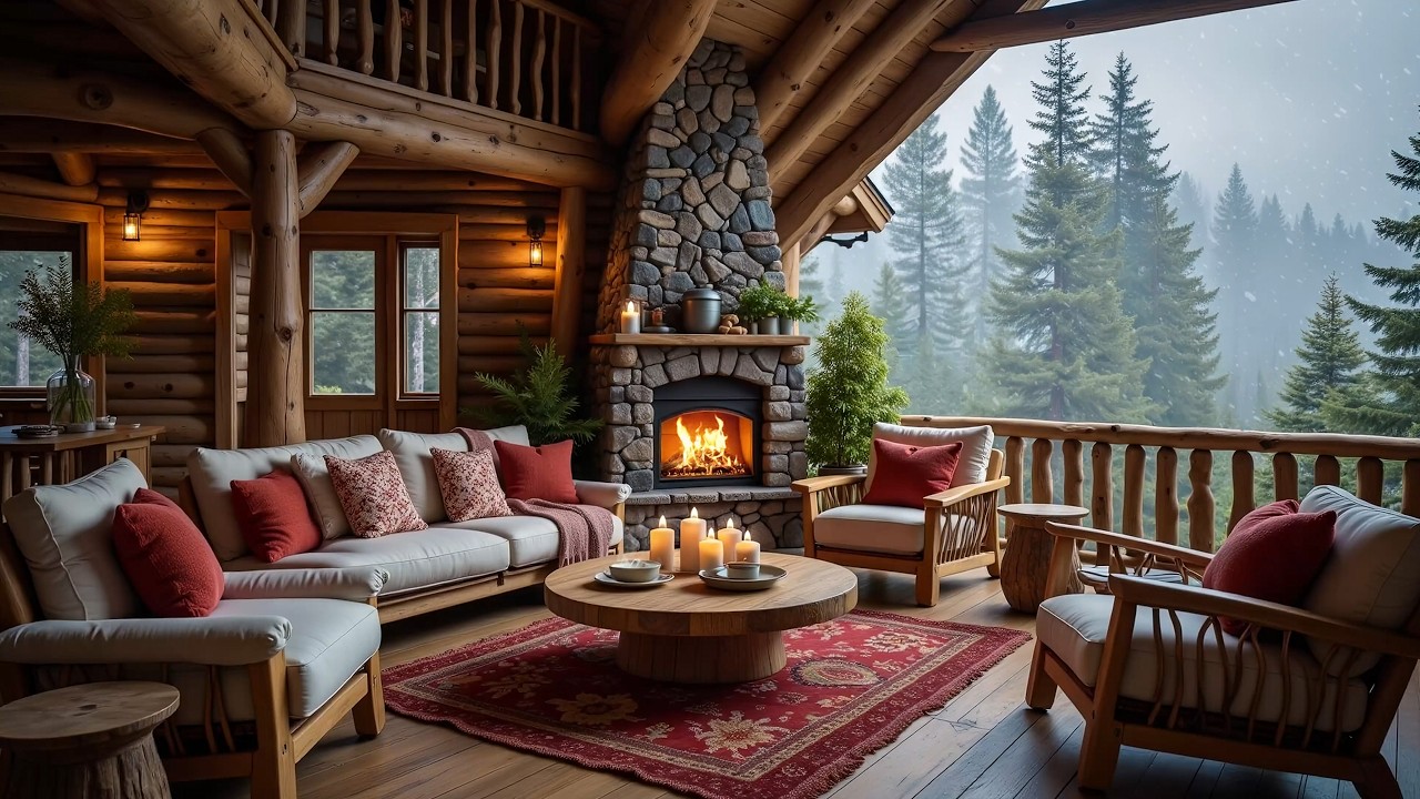 Relaxing Piano Instrumental ❄️🔥 Snowy Forest Cabin & Fireplace Sounds
