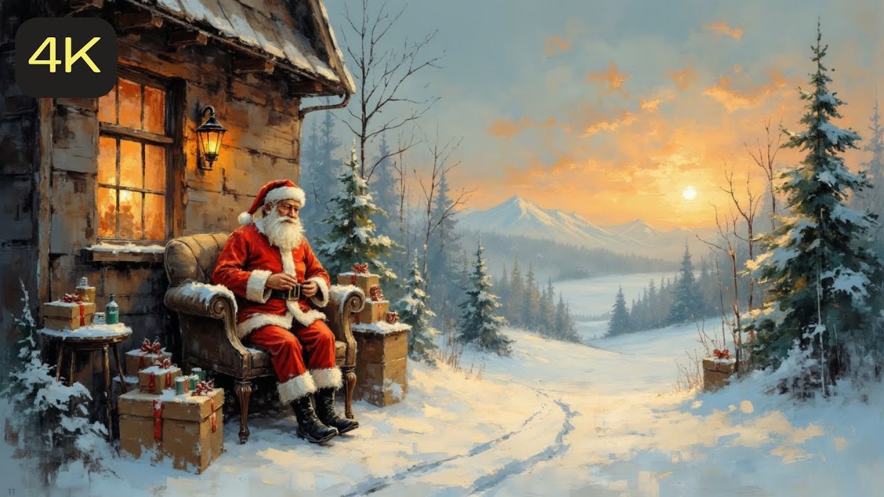 Christmas Santa Claus Watercolor Portrait. Frame TV Art Screensaver Background Wallpaper.