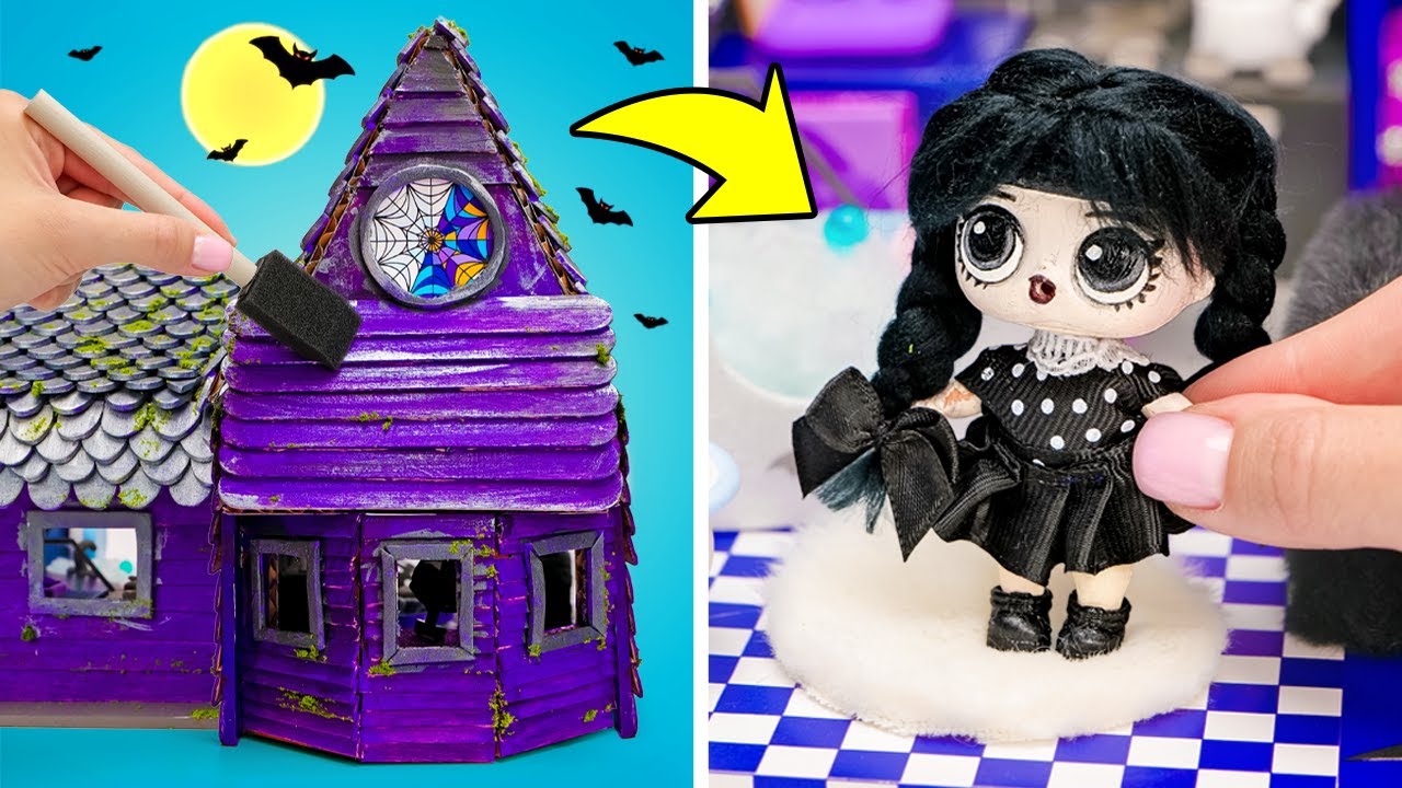Преображение куклы в стиле Уэнсдей своими руками! 🖤 Эпическое сияние и сборка мини-домика