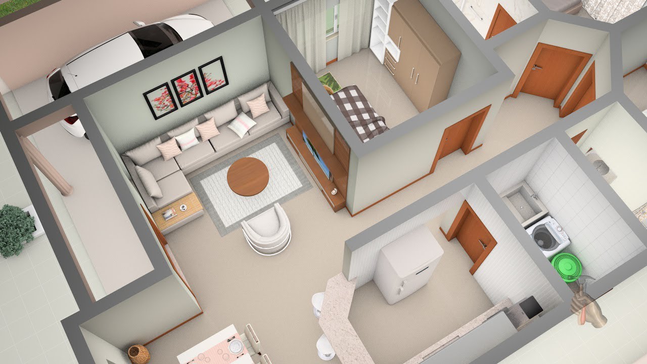 Planta de Casa 3D com três Quartos e Cozinha Americana