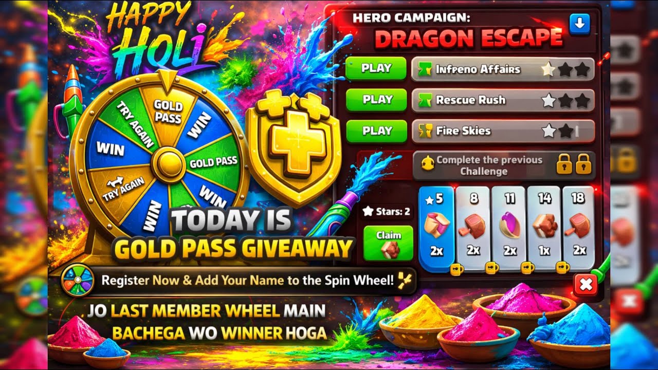 GOLD PASS GIVE AWAY LIVE 🔴3000 POINTS COMPLETE THE LIVE STREAM & HAPPY HOLI #Live #COCLIVE #Ytlive