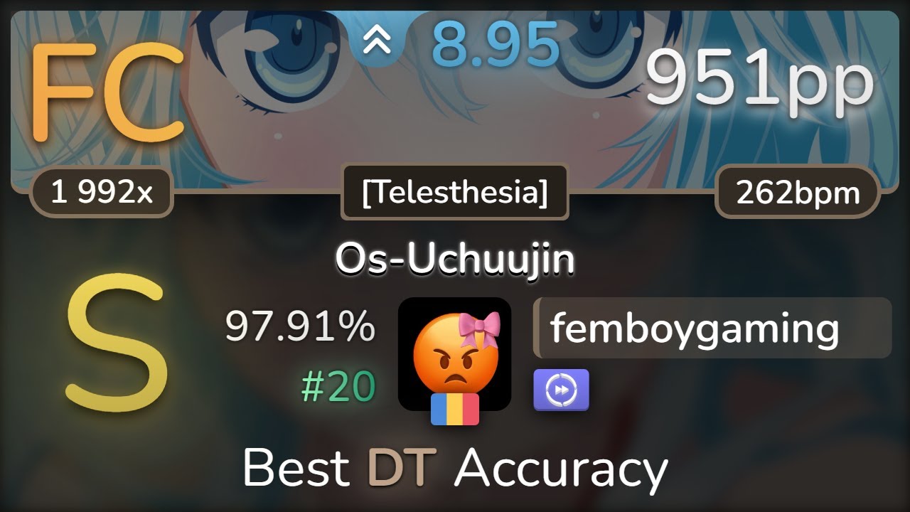 [banned] 8.9⭐ femboygaming | Erio o Kamattechan - Os-Uchuujin [Telesthesia]+DT 97.91% FC #20 | 951pp