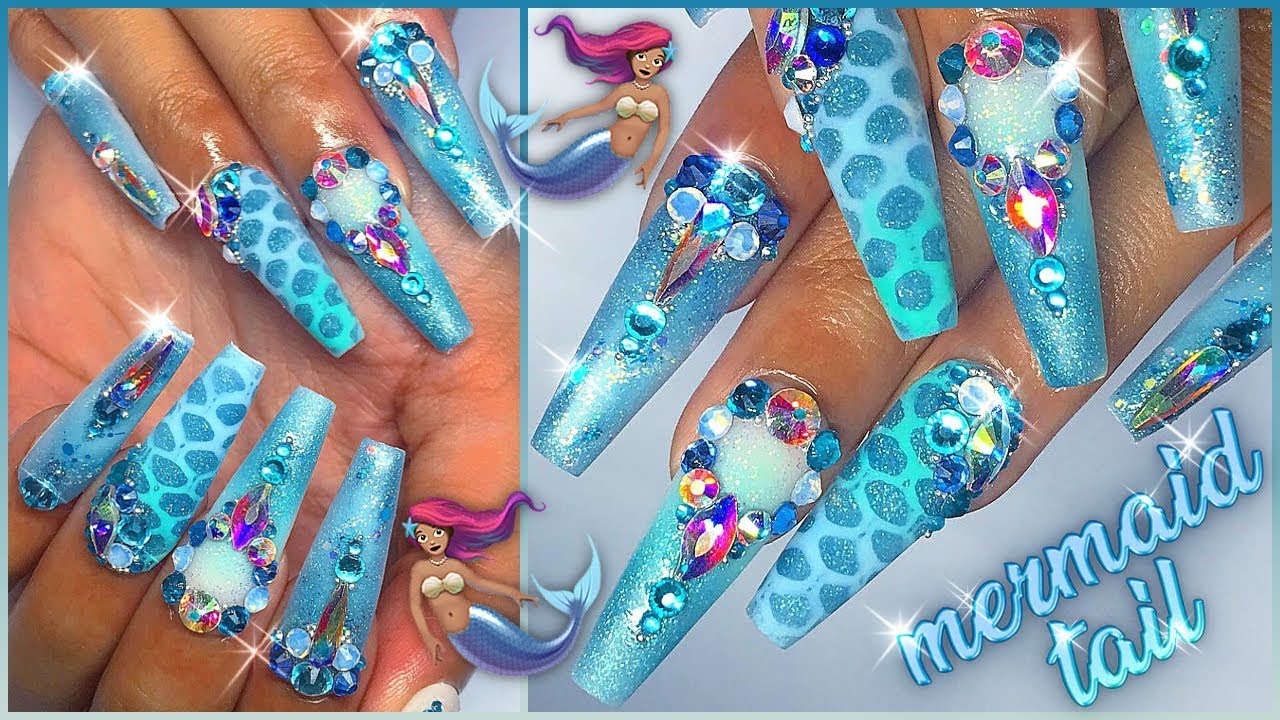 🧜🏽‍♀️Blue Mermaid Tail Acrylic Coffin Bling Press On Nails🧜🏽‍♀️