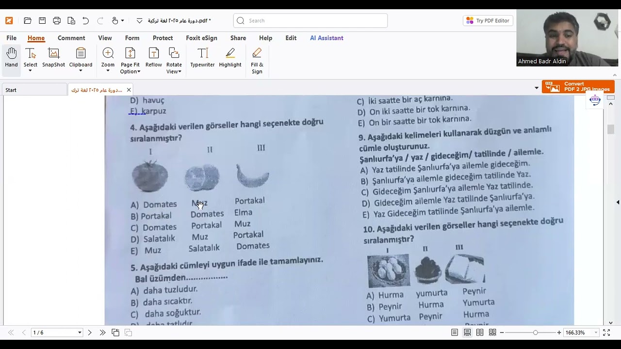 حل أسئلة اللغة التركية دورة 2025 بكلوريا