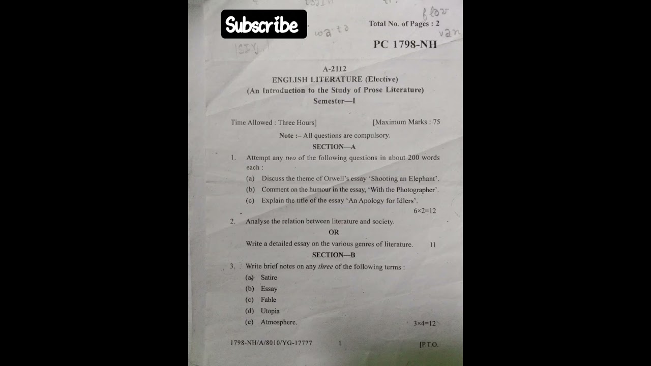 English Literature (Elective) question paper BA sem 1st #2022 An introduction to the study of prose