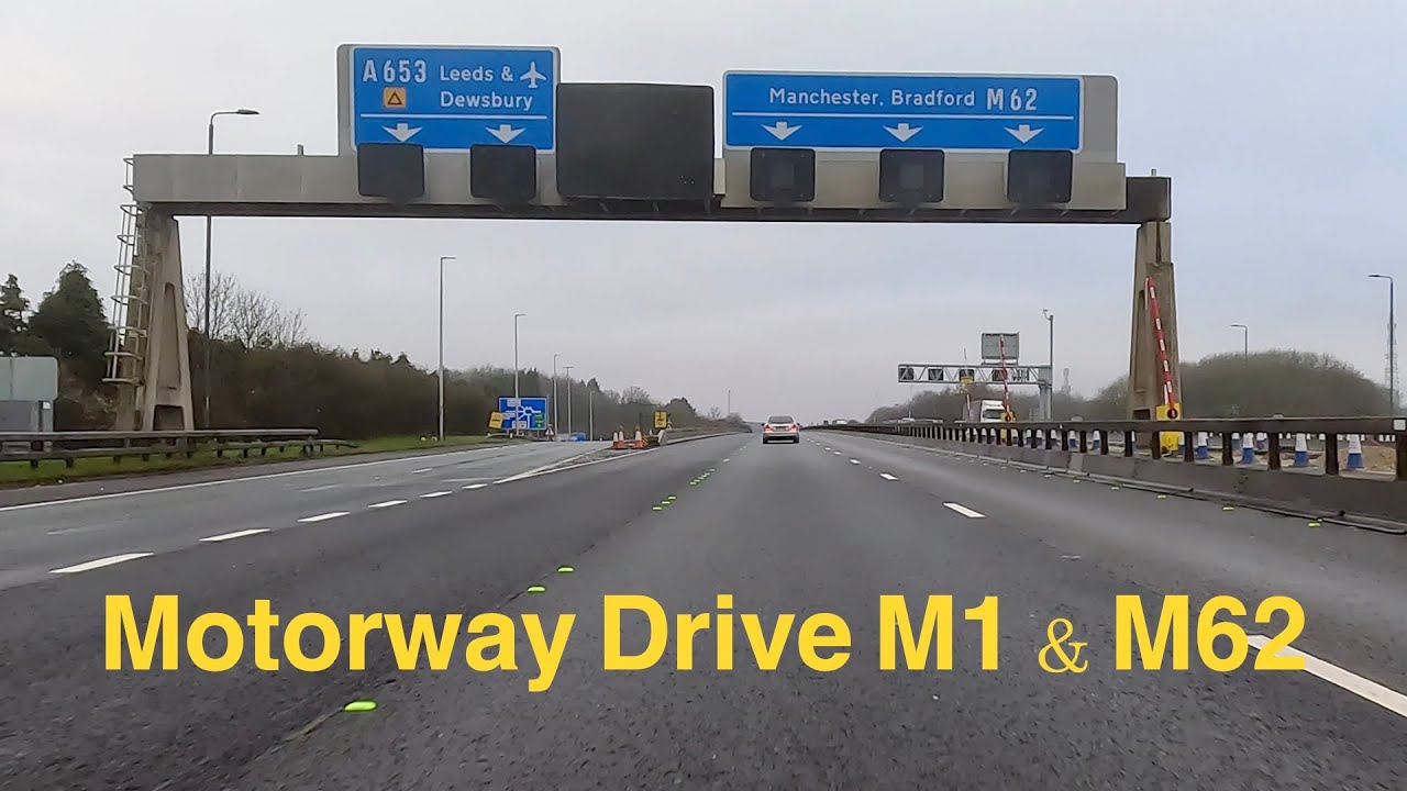 Motorway Drive M1 Junction 37 to M62 Junction 20 on a gloomy day