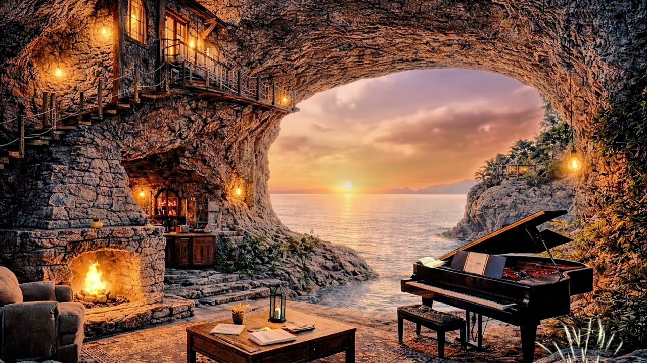 Relaxing Piano & Ocean Sounds in a Hidden Cave Home 🌅🎹 | Stress Relief