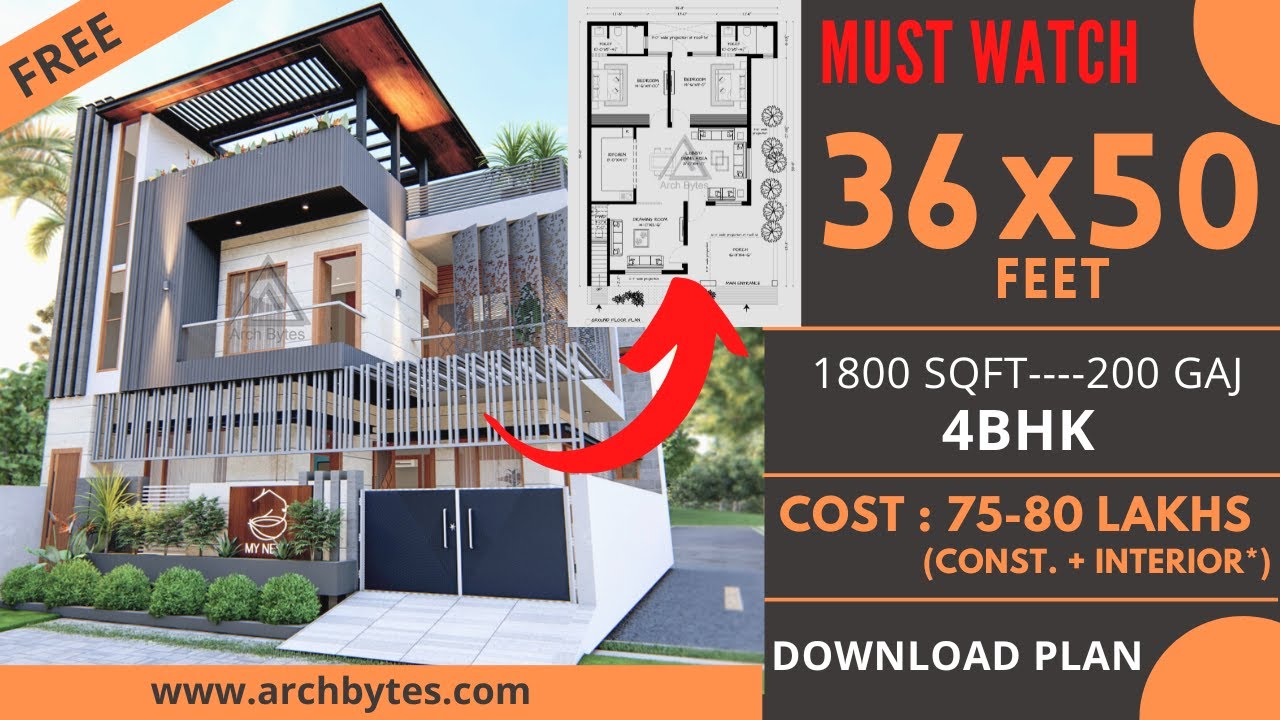 36x50 House Design-Amazing 4BHK | 11X15 Meters | 200 Gaj | Terrace Garden| 3D Floor Plan | ArchBytes