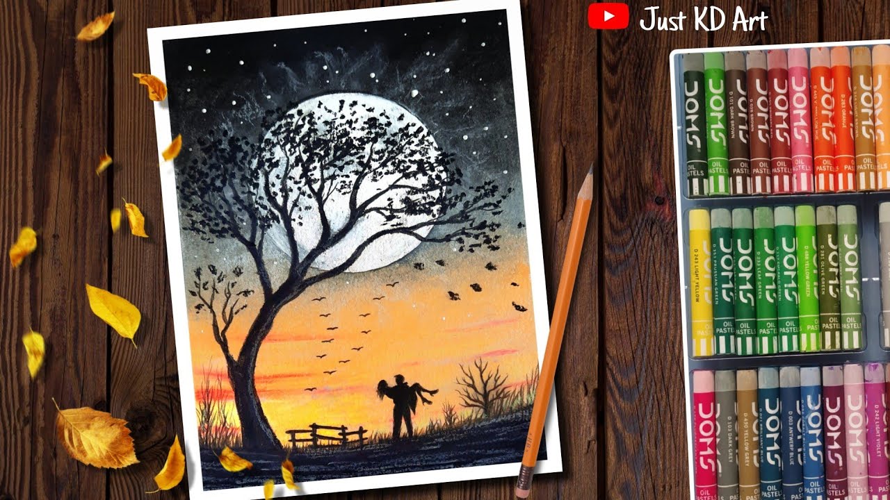 Romantic couple scenery - a beautiful romantic place - drawing with oil pastels - step by step