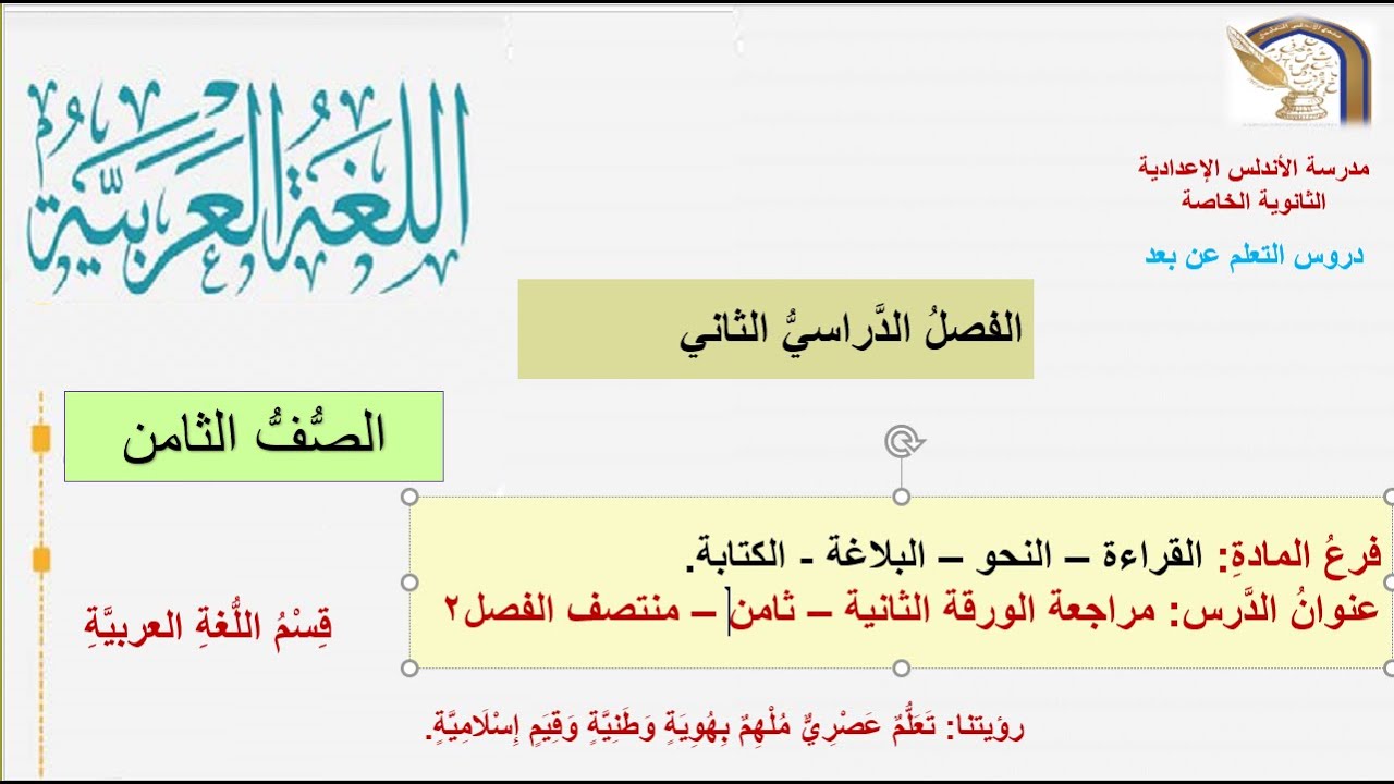 مراجعة الورقة الثانية - اللغة عربية للصف الثامن - منتصف الفصل