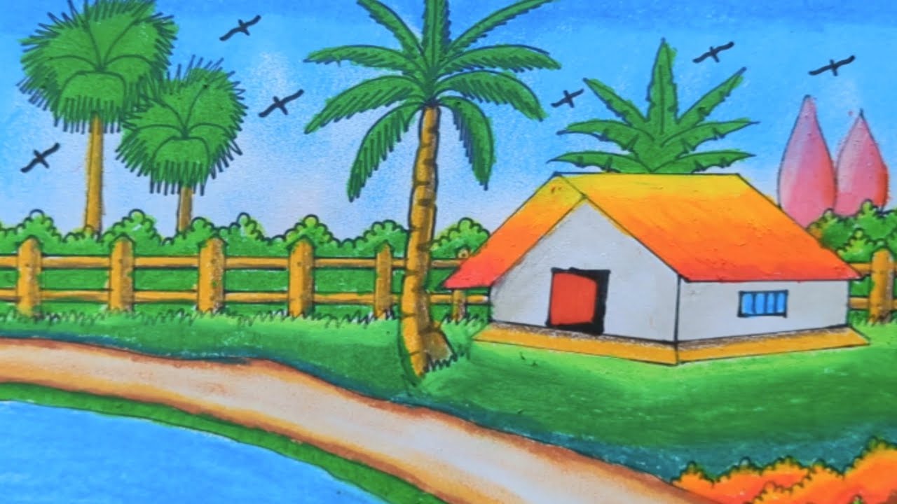 How to Draw Easy Village Scenery Drawing with Color | Simple Nature Landscape Drawing for Beginners