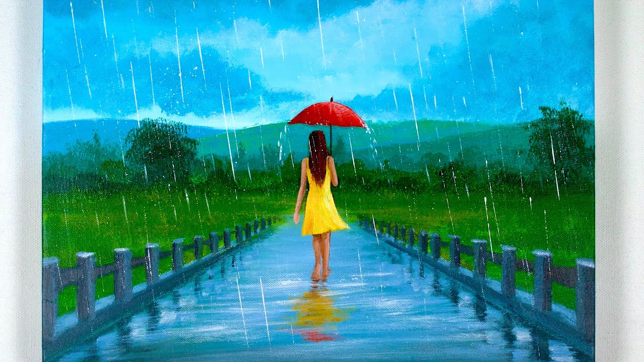 Rainy Day Painting / Girl Walking In The Rain / Acrylic Painting
