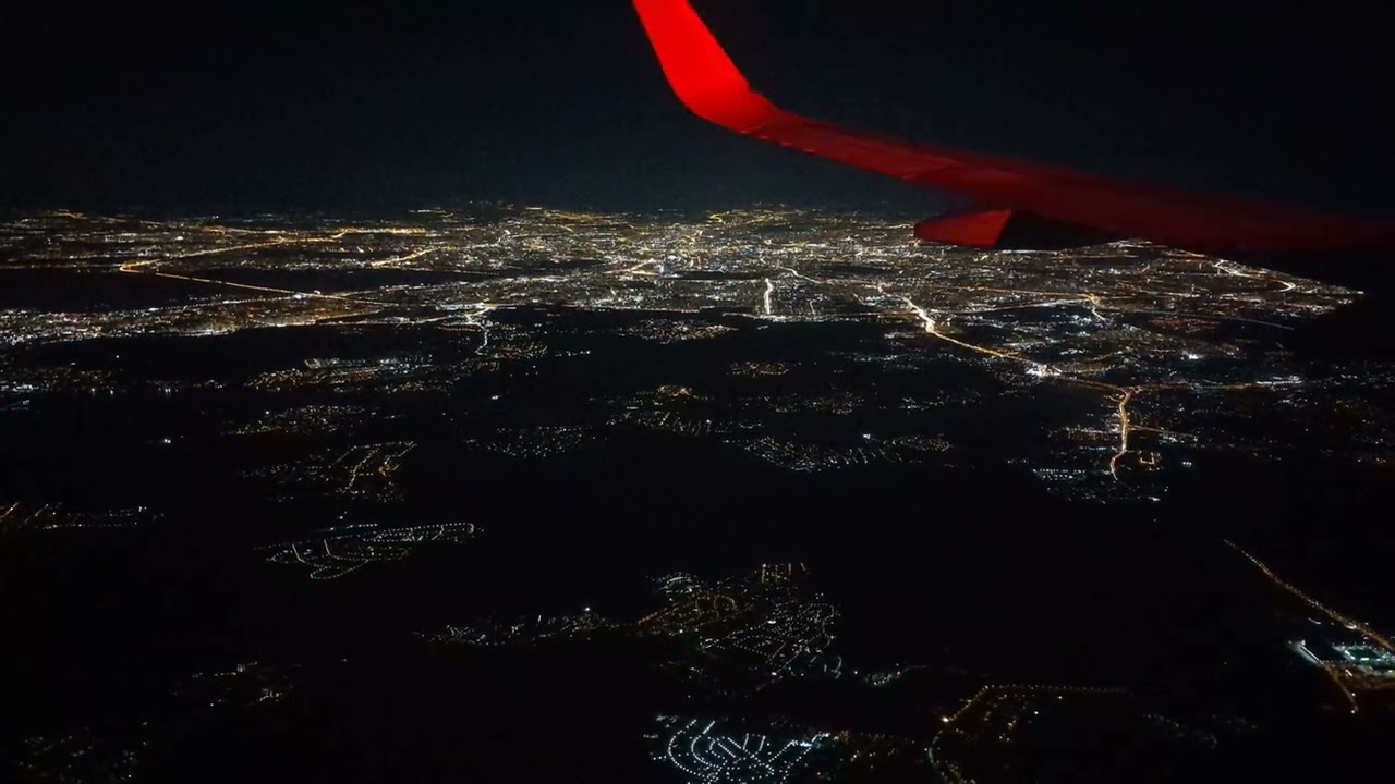 Moscow at night from the plane window: landing approach at Sheremetyevo airport