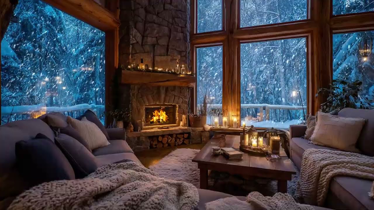 Deep Sleep Winter Ambience: Intense Snowstorm Outside and Warm Fireplace for Mental Health