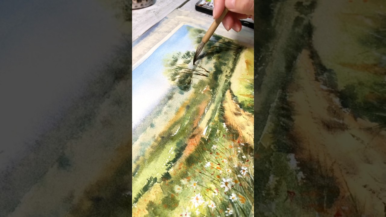 Meadow landscape in watercolor painting #水彩画 #watercolorart #watercolordaily #watercolor
