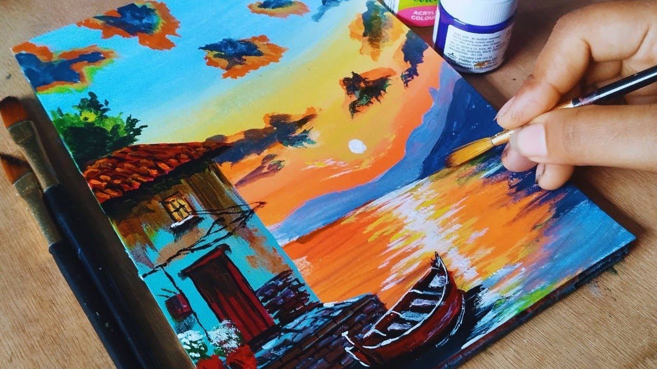 Sunset Seaside Painting with Cottage and Boat⛵|| Easy Acrylic Scenery Painting
