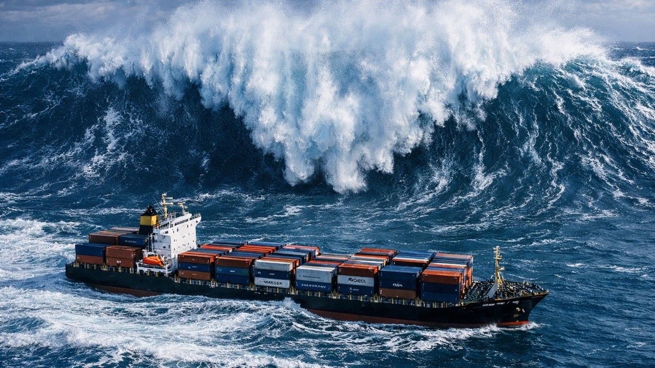 A devastating tsunami sweeps away supercars on a giant ship at sea (AI effect)