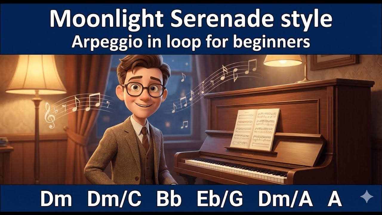 Moonlight Serenade style Easy arpeggio on piano, 5 minutes loop, Drums accompaniment.