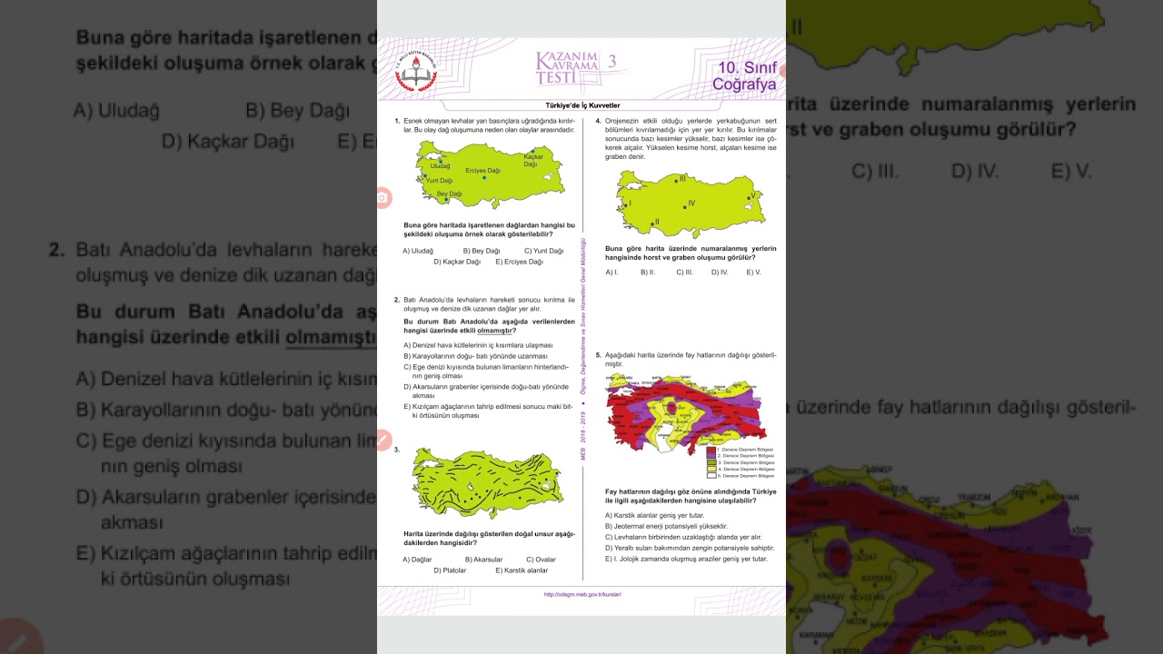 10. Sınıf MEB kazanım testi 3 (Türkiye'de İç Kuvvetler)