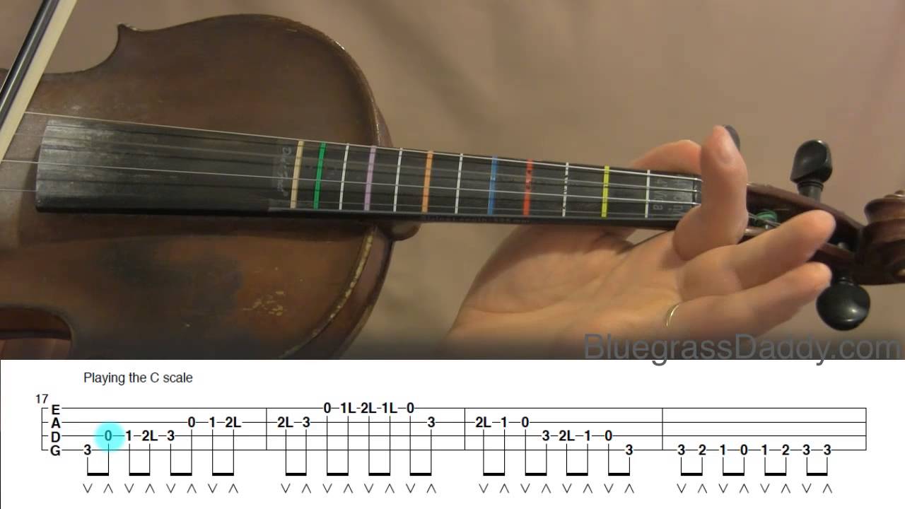 Seven major first-position scales for fiddlers (G, A, Bb, B, C, D, and F), set to bluegrass music.
