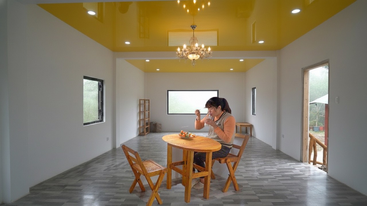 The room became increasingly magnificent thanks to the girl skillful hands - wooden tables & chairs