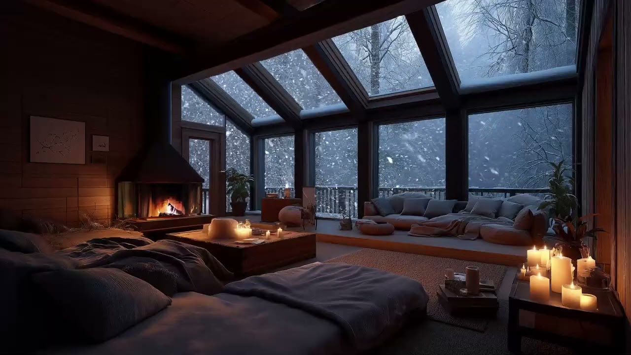 Snow at Night in the Cabin 🔥 Calming Fireplace Ambience for Focus & Deep Rest