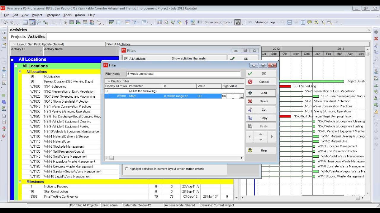 Primavera P6: Lookahead Filter