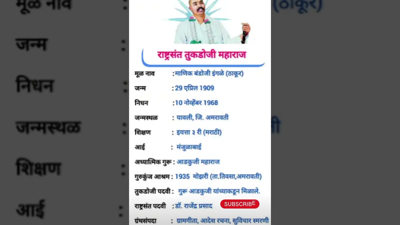 राष्ट्र संत तुकडोजी महाराज l जीवन परिचय l biography of sant Tukadoji Maharaj ll #upsc#ias#mpsc