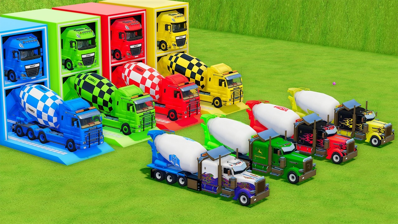 Garage with Colors - ALL MIXER TRUCK WITH DOUBLE FLATBED TRAILER TRUCK, DAF, SCANIA, PETERBILT