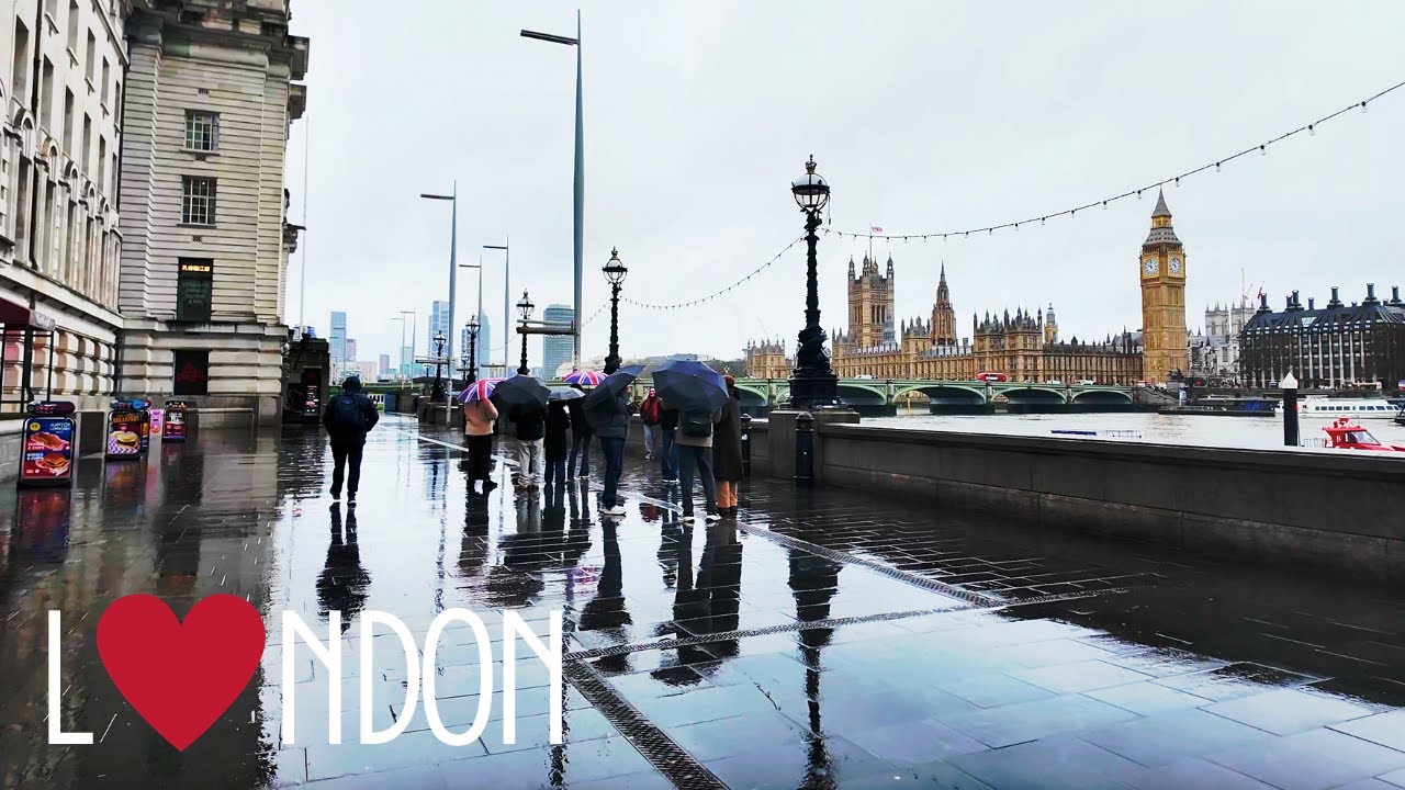 Rainy Central London Morning Walk 4K HDR | Waterloo to Victoria Virtual Walking Tour | City Ambiance