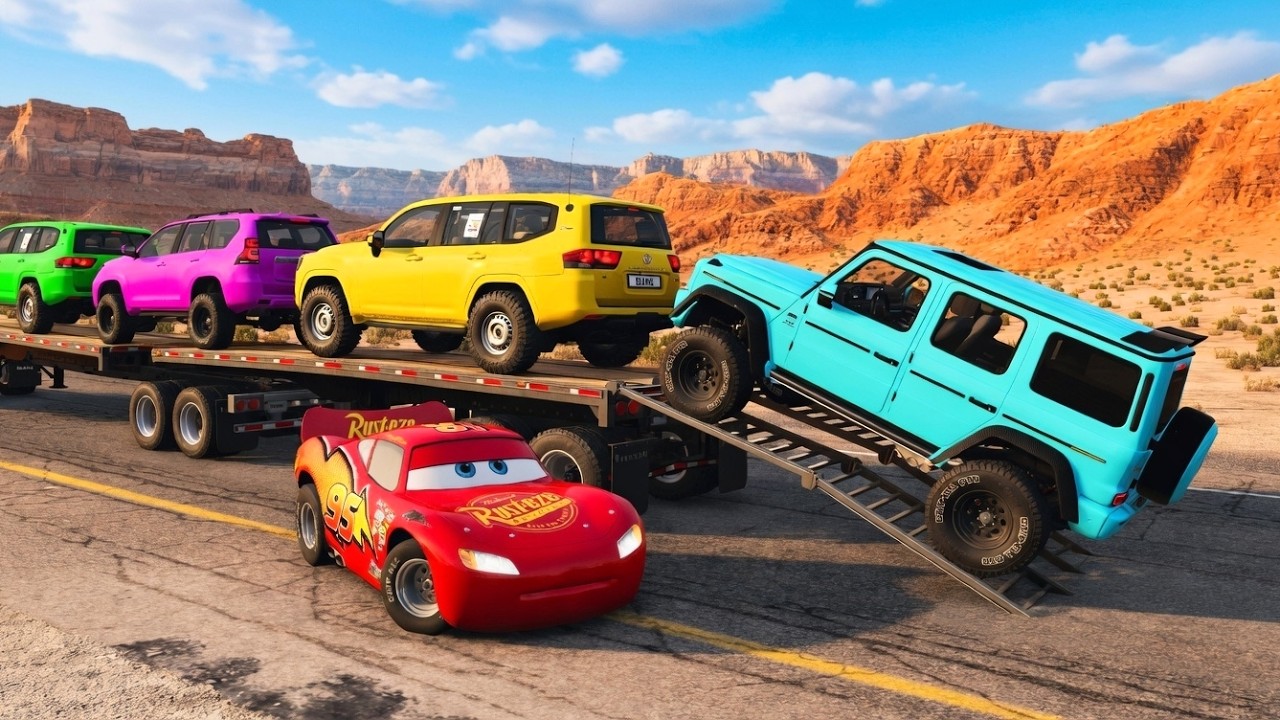 Flatbed Trailer McQueen Transportation with Truck - Speedbumps vs Cars vs Train - BeamNG.Drive #3