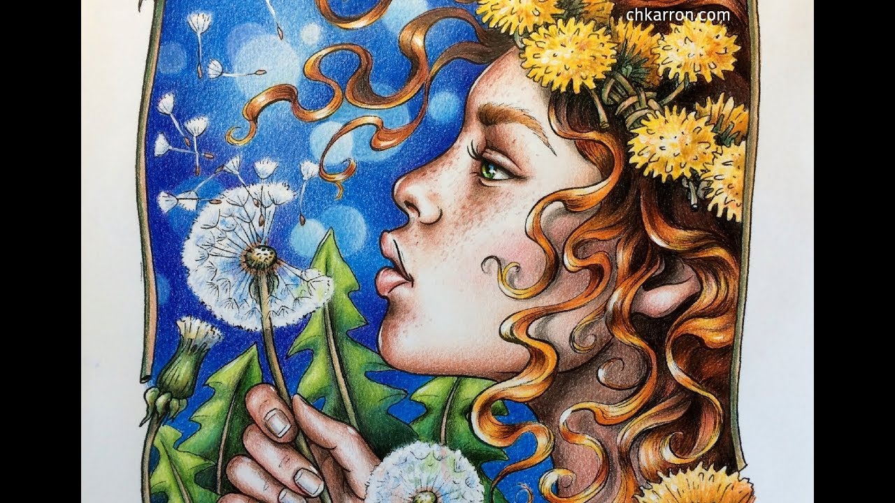 Dandelion Fairy ink and colored pencils illustration drawing coloring demo