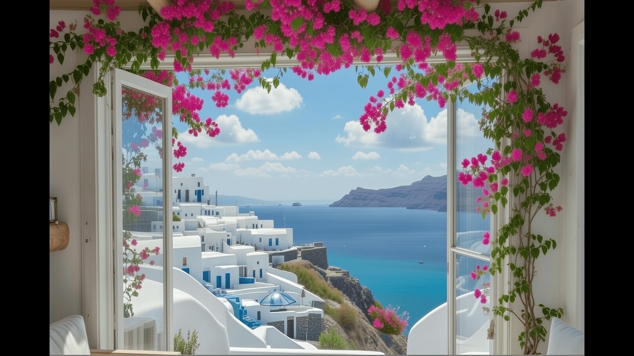 🏖️🎶 Peaceful Santorini Terrace 🌅 Soft Summer Music & Endless Blue Sea Views | Pure Relax & Joy
