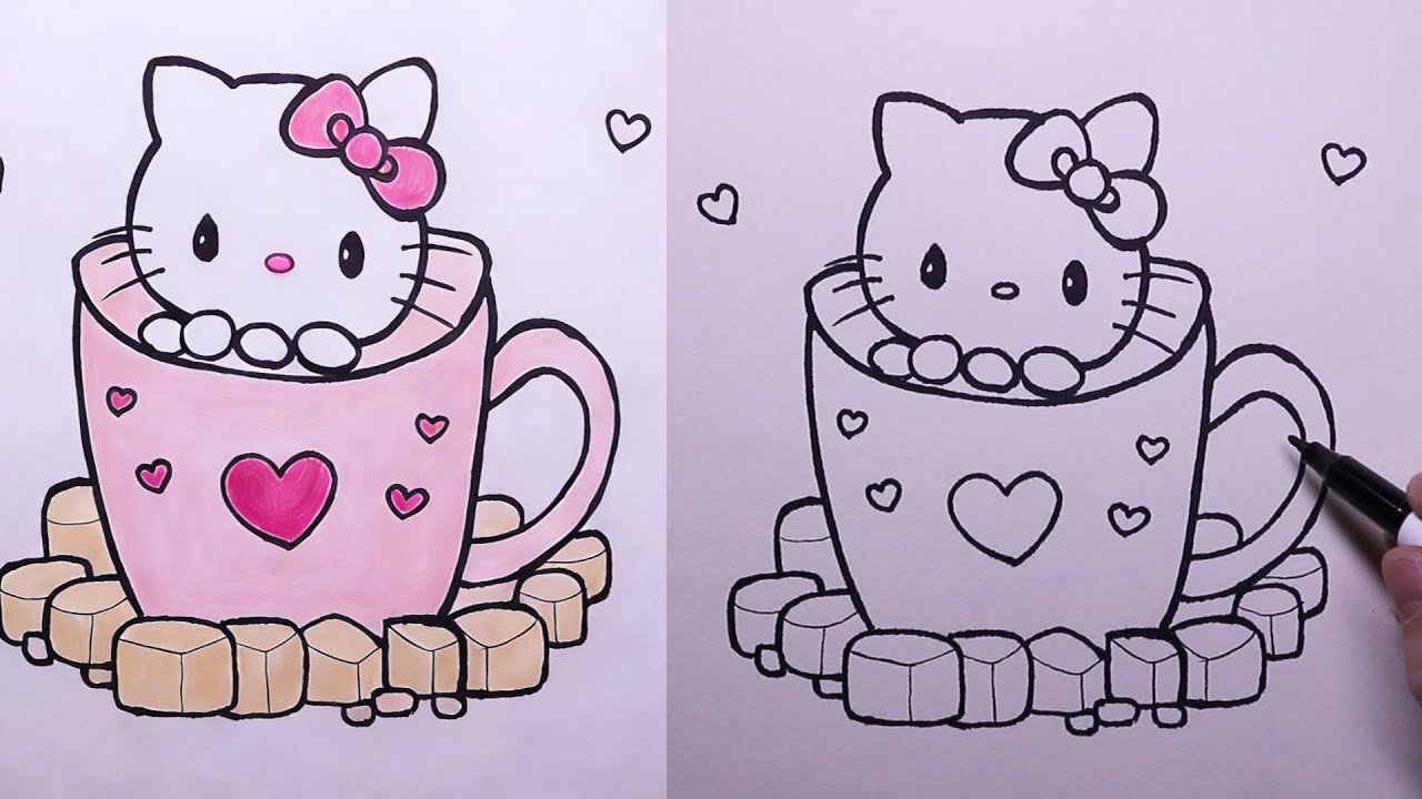 Как нарисовать Hello Kitty в чашке | Урок рисования для начинающих (пошаговый)