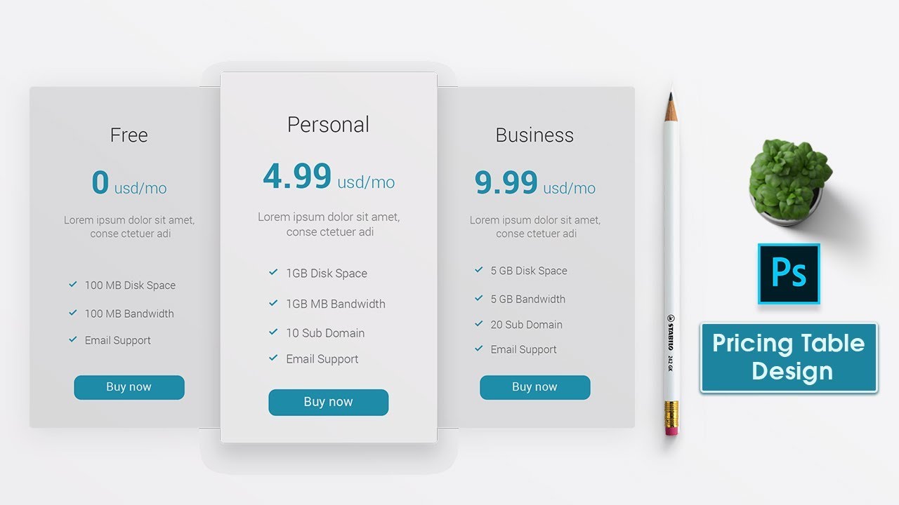 How to Create a Minimal Pricing Table Design in Photoshop : ✪ Photoshop Tutorial ✪