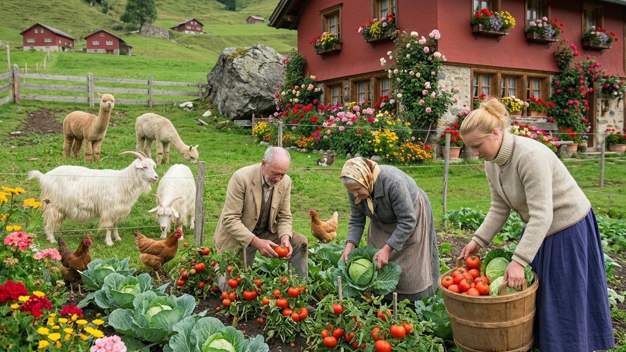 A day in the beautiful countryside: Harvesting fresh fruits, vegetables and caring for farm animals